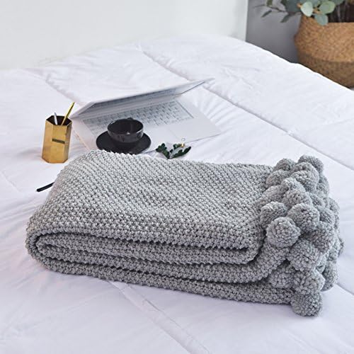 AliceHome Cozy Cable knitted throw blanket natural throw blanket With Small Cute PomPom (Grey, 130cm*160cm)