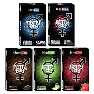 NOTTY BOY Condom Combo Pack - Ribbed, Dotted, Contoured, Climax Delay, Extra Lubricated, Chocolate, Strawberry and Apple Flavored Condom - (5x10s)