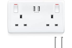 RICOKEY Double Plug Socket USB Switched Wall Socket with Dual Smart USB Charger 3.1A 15.5W Electrical Outlet 2 Gang 13 Amp Electric Power Sockets, Easy to Install, White