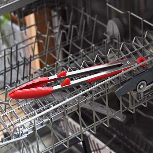 Edelstahl Küchenzange mit Standfuß in rot – 33cm – Silikon Grillzange lang – Mehrzweckzange mit Ring zum Aufhängen – Servierzange Edelstahl Grillzange – Universalzange Küche – Küchenzange Silikon zum Grillen, Kochen, Backen und Servieren - 5