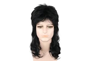 LeMarnia Herren 80er Jahre Vokuhila Perücke Rocker Punk Popstar Perücke Lange Lockig Mullet Perücke Halloween Party Kostüm-Perücken (Schwarz)
