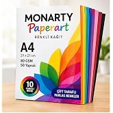 MONARTY A4 Renkli Kağıt, 80 GSM, 29x21 cm, 10 farklı Renkli, &Ccedil;ift Taraflı Parlak Renkler 50 Adet