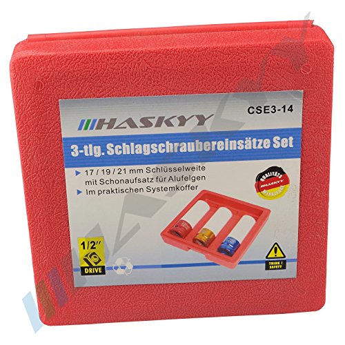3 tlg. Schlagschrauber SET Nüsse SW17 / SW19 / SW21 mm Schoneinsätze 1/2″ für Radschrauben & Radmuttern zum Schutz der Alufelgen CSE3-14 - 3