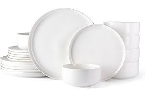 LeRatio Dinner Set for 6, 18 Piece Stoneware Plates and Bowls Set, Chip and Scratch Resistant Reactive Glaze Dinnerware Set, Oven & Dishwasher & Microwave Safe Crockery Set (White, Service for 6)