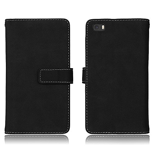 Coque Huawei P8 Lite, Ecoway [9 emplacements pour cartes]Retro mat Ensembles de téléphones mobiles anti-rayures Phone Étui En Cuir PU La Fente en de Support Pliable Portefeuille étui Design Cas de téléphone Pour Huawei P8 Lite - Noir