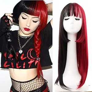 Kaneles Half Black and Half Pink Cosplay Wig Lolita Long Straight Synthetic Heat Resistant Costume Cosplay Bangs Wig for Women Girls (Half Black and Half Red)