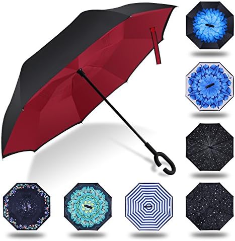 Windproof UV Protection Reverse Folding Double Layer Inverted Umbrella with C shape Handle, Self Standing, Inside Out , Hand Free, Best for Travelling and Car Use (Red Wine)