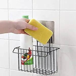 Hetvi trend ARLICODECK Stainless Steel Adhesive Sink Organizer Sponge Holder+Dish Cloth Hanger, 2 in 1, Ideal for Removable Brush Holder or Dish Drainer (Black)