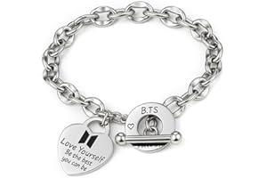 DEFGNOP BTS Bracciale in Acciaio Inox, Unisex Acciaio Inossidabile Argentato, con Ciondolo a Forma di Cuore, con 1 BTS Adesivo e 2 Photocard, Articolo Regalo per Stay