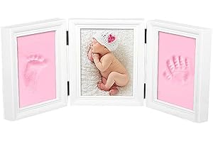 Cadre pour Photo Pliant Bébé et Empreintes de Main et de Pied Kit pour Empreinte de Pâte à Modeler et Autocollants Cadeau pour Naissance Kit Cadre Photo Baby Photo Cadre pour Photo Enfant Triple Pliable Couleur- Rose