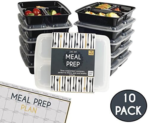 3 Compartment Meal Prep Containers [10 Pack] FREE Meal Planner: Stackable Food Containers, Microwavable, Dishwasher &amp; Freezer Safe, Perfect for portion control, Bodybuilding, Healthy Eating, Lunch Containers, Leak Proof (1L)