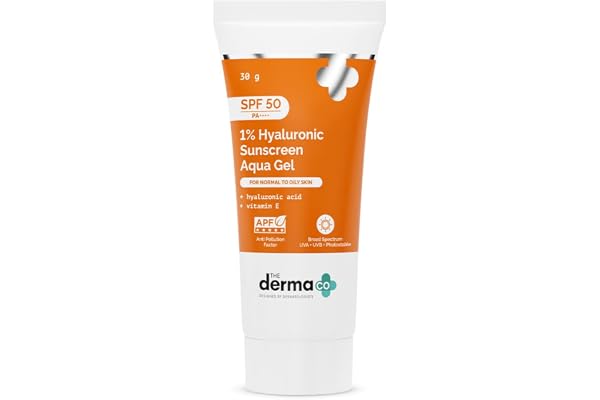 The Derma Co 1% Hyaluronic Sunscreen Aqua Gel SPF 50 PA++++ | Hydrating, Lightweight &amp; Non-Greasy | No White Cast | Broad Spe