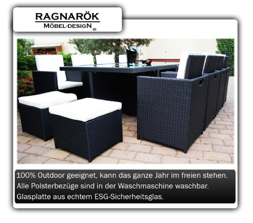 PolyRattan Essgruppe DEUTSCHE MARKE -- EIGNENE PRODUKTION Tisch + 8x Stuhl & 4x Hocker 7 Jahre GARANTIE Garten Möbel incl. Glas und Sitzkissen Ragnarök-Möbeldesign (schwarz) Gartenmöbel