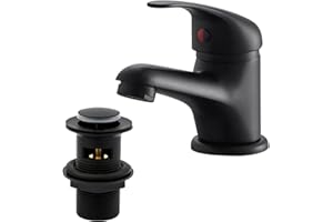 Matte Black Basin Mixer Tap with Pop Up Waste, BATHWEST Tradition Black Monobloc Brass Bathroom Sink Taps with Sink Plug, Single Handle Basin Taps Mixer with Basin Waste 022NBK
