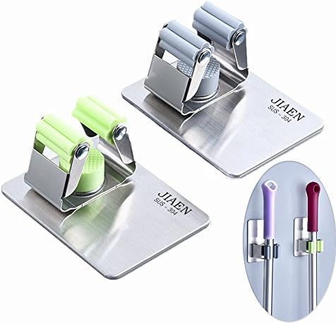 E-JIAEN Mop Broom Holder Organizer 2Pcs 3M Self Adhesive Wall Mounted Mop Hooks Broom Hanger Holder with Spring Clip Design Bath Mounted Home Tools/Kitchen Organizer Rack 2 Pack