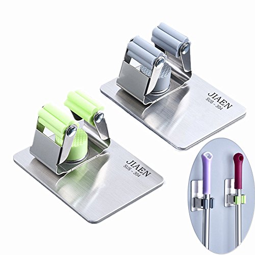 E-JIAEN Mop Broom Holder Organizer 2Pcs 3M Self Adhesive Wall Mounted Mop Hooks Broom Hanger Holder with Spring Clip Design Bath Mounted Home Tools/Kitchen Organizer Rack 2 Pack