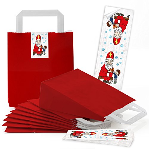 5 kleine rote Papiertüten Weihnachtstüten Geschenktasche 18 x 8 x 22 cm + 5 Aufkleber rot weiß blau NIKOLAUS MIT KIND Verpackung Weihnachten Nikolausstrumpf Geschenktüte Kinder-Tüte