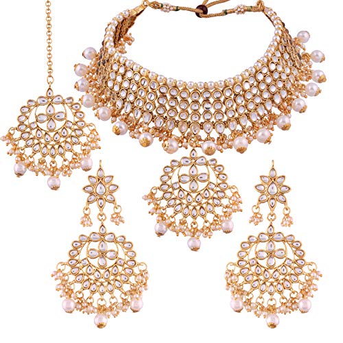 I Jewels Traditional Kundan & Pearl Choker Necklace Set for Women (K7058W)