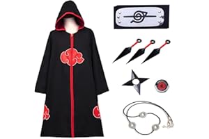 AMYCUTE Costume Akatsuki Cape à Capuche Déguisement Enfant Adulte, Ninja Veste Akatsuki Accessoire Bandeau Bague Collier Carnaval Halloween