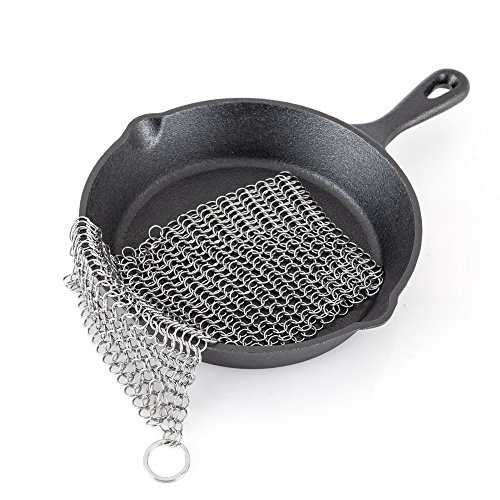 Emmabin Cast Iron Cleaner 7x7 Inch Premium Stainless Steel Chainmail Scrubber for Cast Iron Pan,Pre-Seasoned Pan, Dutch Ovens, Waffle Iron Pans Scraper, Cast Iron Grill Scraper, Skillet Scraper