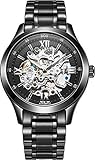 BOS Herren Automatikuhr Automatik mechanischen Wasserdicht Skeleton Uhr Zifferblatt schwarz Edelstahl Band 9008 … (Edelstahlband)