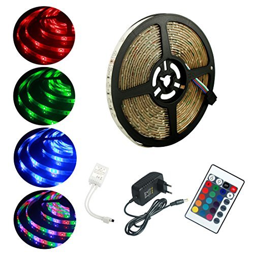 ALED LIGHT® Multicolor Tira de Luz LED Impermeable LED Strip RGB 5M(16.4 ft) 3528 SMD 300 LEDs + Adaptador de Alimentación de 12V 2A + 24 Mando a Distancia Clave + Receptor + Descripción del Producto (Impermeable Tira) [Clase de eficiencia energética A]