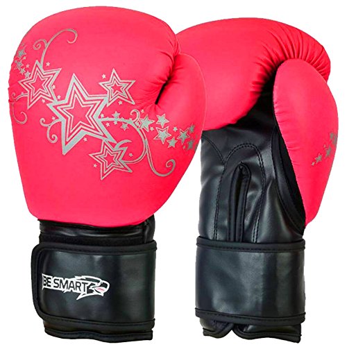 Auth. Ladies Pink Gel Boxing Gloves Bag Womens Gym Kick Pads MMA Mitts Muay Thai FREE DELIVERY UK (Black with Pink Silver Stars, 8 Oz)