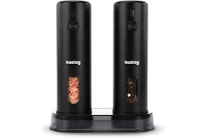 Huslog Molinillos Eléctricos de Sal y Pimienta Automáticos por Gravedad, Recargables USB-C, Luz LED al Moler, Grosor Ajustable, 110 ml, Incluye Base y Cepillo de Limpieza, Negro