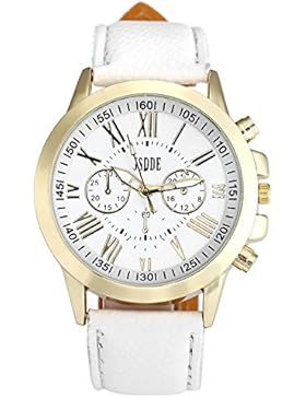 JSDDE Uhren,Neue Damenmode Genf Römischen Ziffern-Leder Analog Quarzuhr Armbanduhren(Weiß)