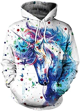 Unisex Hoodies Realistic 3d Digital Print Pullover Hooded Sweatshirt With Pockets (White Unicorn, XL)
