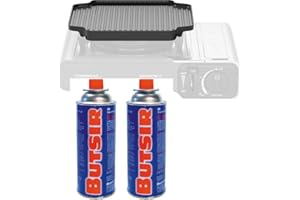 FYSHOP Pack Cocina Camping: Plancha Campingaz Camp’Bistro Grill Plate + 2 Cartuchos Gas Butsir (227 g) – Compatible con Estufas Portátiles – Cocina Outdoor Todo en Uno