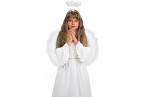 DERAYEE Engelskostüm Kinder, Engel Krippenkostüm Weihnachten Weißes Kleid Engelskostüm Engelsflügel und Halo Mädchen Engel Fancy Dress Kostüm