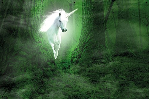 Wallario Garten-Poster Outdoor-Poster – Weißes Einhorn im grünen Wald in Premiumqualität, Größe: 61 x 91,5 cm, für den Außeneinsatz geeignet - 3