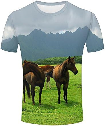WEIYI BO Mens Casual 3D Animal Print Tees Green Grass Horse Group Crew Neck Short Sleeve T-Shirts Tops for Couples M