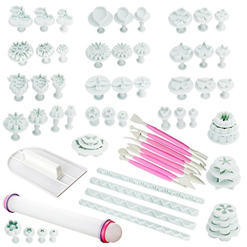 DIY 68tlg. Backen Fondant Stempel Tortendeko Ausstecher Ausstechformen Auswerfer Modellierwerkzeug Glätter Fondant Formen Marzipan-Messer Kuchendekoration Set Backen mit Spritzbeutel - Rosa