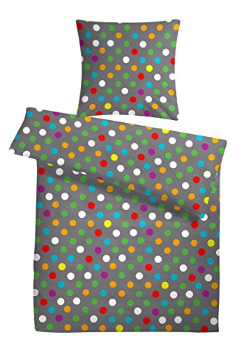 Seersucker Sommer-Bettwäsche Set "Bunte Punkte" 135x200 cm in Grau – Bett-Bezüge aus 100%-Baumwolle mit Reißverschluss - Der bügelfreie & luftig leichte Bett-Bezug für die warme Jahreszeit