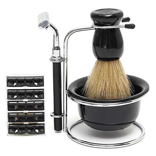 LuckyFine Men 4in1 Set Black Shave Stand + Bristle Brush + Bowl + Safety Razor Travel Gift