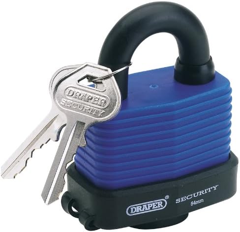 DRAPER 54MM WEATHERPROOF LAMINATED STEEL PADLOCK & 2 KEYS WITH HARDENED STEEL SHACKLE & BUMPER - Laminated steel body with hardened, plated coating steel shackle. Precision pin tumbler and brass cylinder. Special bumper to prevent damage to locked item. Incorporates weatherproof lock cover. Supplied with two keys. Key blanks are available separately. Display packed.