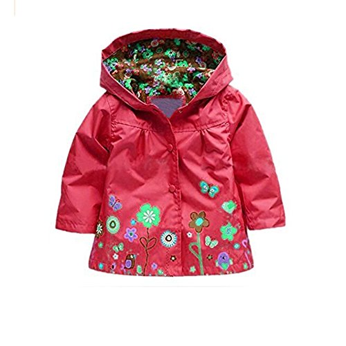 Arrowhunt Baby Girls' Cute Floral Printed Waterproof Hooded Coat Raincoat Red