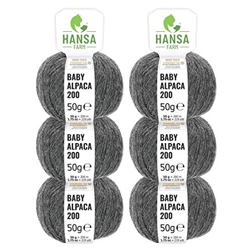 HANSA-FARM 100% Lana de Alpaca en más de 50 Colores (no Pica) - Set de 300g (6X 50g) - Suave Hilo Baby de Alpaca para Punto y Ganchillo en 6 grosores Gris Oscuro