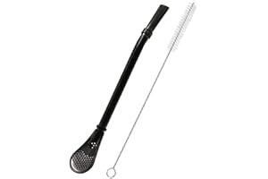 MNIXY Yerba Mate Bombilla Cuillère à paille en acier inoxydable avec filtre à long manche pour boire du thé en vrac, de la soupe, des boissons, du café avec brosse de nettoyage (noir)