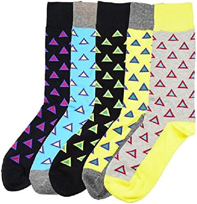 LIKERAINY 5 Pairs Mens Long Lightweight Bright Fancy Colourful Cotton Calf Socks (9-12.5 UK) Triangles Stripes Patterned IDEAL for Business and Casual Wearing