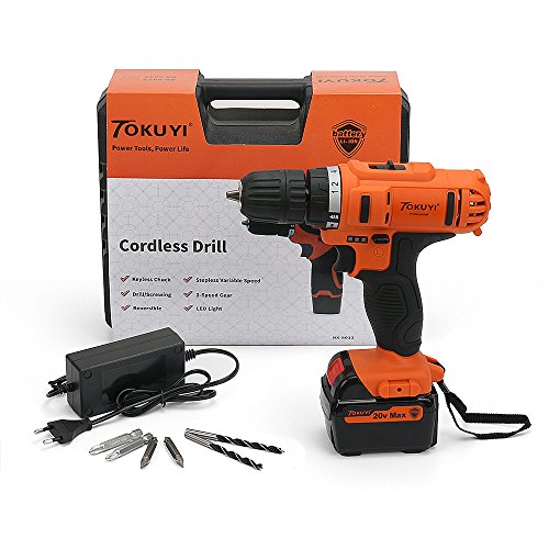 Taladro Atornillador 18V TOKUYI Estornillador Eléctrico 1500mAh Batería Recargable velocidades de ??0-1500 RPM / min,18+1 Velocidad ajustable,luz LED y 6 Cabezales de Perforación