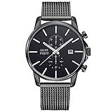 AS DE PIQUE Chrono Herren Luxus Armbanduhr Chronograph Mesh Stoppuhr Datum 50m Wasserdicht schwarz