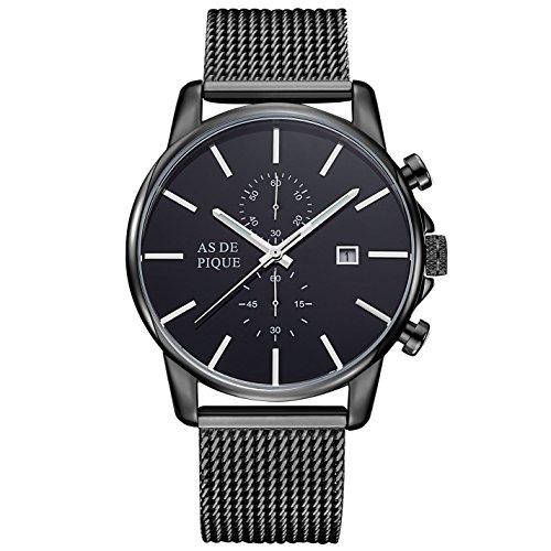 AS DE PIQUE Chrono Herren Luxus Armbanduhr Chronograph Mesh Stoppuhr Datum 50m Wasserdicht schwarz AS DE PIQUE Chrono Herren Luxus Armbanduhr Chronograph Mesh Stoppuhr Datum 50m Wasserdicht schwarz