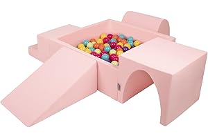 KiddyMoon Aire De Jeux en Mousse avec Carré Piscine À Balles (300 Balles) pour Enfants, Rose:Vert Clair/Jaune/Turq/Orange/R.Foncé/Violet