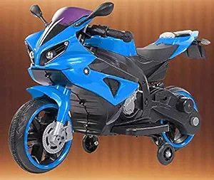 Wrixty Blue Battery Operated Sports Ride on Bike for Kids with Hand Accelerator Music System/Working Lights/Training Wheels for Kids 1to 4Years of Age