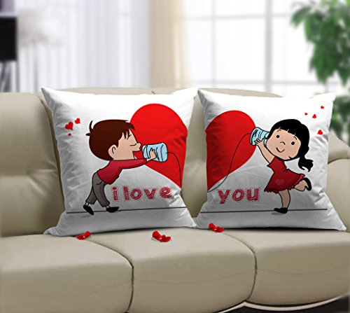 TIED RIBBONS Gift for Lovers Printed Set of 2 Cushions, Satin, Multicolor, 12 inch X 12 inch,Satin with Fillers