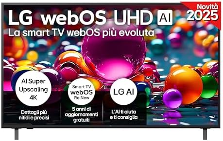 LG webOS UHD AI UA75 TV 55 pollici, Smart TV 4K Ultra HD, Processore α7 Gen8, webOS con AI, Filmmaker mode, HDR10, Gaming con VRR 4K@60Hz, Game Optimizer, Wi-Fi, 55UA75006LA 2025