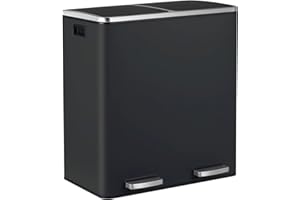 LIFERUN Rubbish Bin 2 pcs Compartments, 2 x 30 Litre Waste Separation System Kitchen, Soft-Close Pedal Bin Made of Metal, Large Waste Bin with Lid, Waste Separation, Rectangular, Black